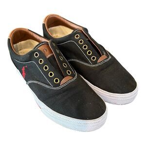 Polo Ralph Lauren Vaughn Boat Shoes Men Sz 9D Black Canvas Leather Pony no laces